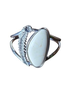White Stone Feather Cuff Bracelet in Sterling-Tone
